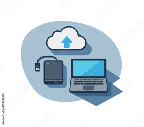 Refined contemporary data backup routine concept with essential cloud icon external drive and laptop subtly offset and aligned