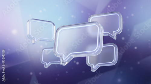 3D Glass Chat Bubbles - Realistic Transparent Speech Bubbles with Neon Glow on Abstract Purple Background