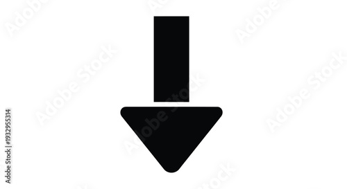 A stark black downward pointing arrow dominates a plain white background creating a simple impactful visual silhouette high quality professional