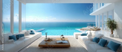 Serene Coastal Haven: A luxury modern living space seamlessly merges with a pristine pool and the expansive ocean, inviting tranquility and relaxation.