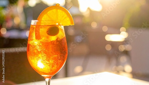 Refreshing Aperol Spritz cocktail garnished with an orange slice, served on an outdoor terrace at sunset.