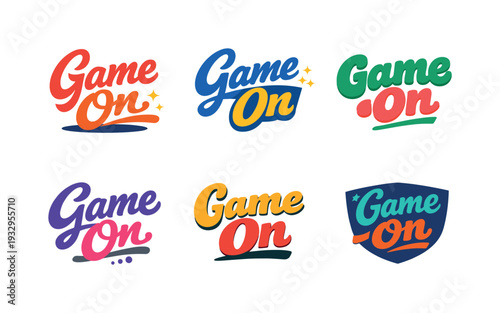 Clean modern holiday banner illustration displaying modern lettering logo set for Game On ready for commercial use, six