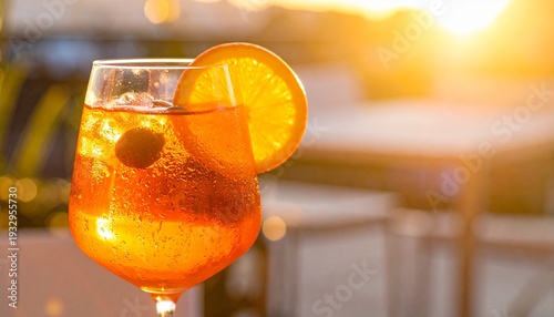 Refreshing Aperol Spritz cocktail garnished with an orange slice, served on an outdoor terrace at sunset.