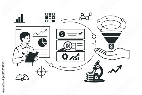 Modern minimal flat vector conceptual collage, crisp hard edges, consistent THIN outline stroke, rounded corners where needed,