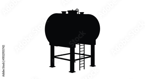 A stark black silhouette of a large industrial storage tank with a ladder presented on a plain white background silhouette