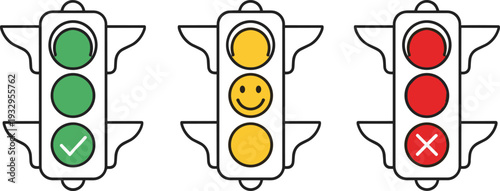 Traffic light icon set showing green, yellow, and red signals with check, smile, and cross symbols isolated on white background for safety and user interface design
