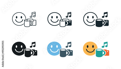 Casual daily moments icon combining a happy face, coffee mug, camera, and musical note, symbolizing fun, relaxation, and everyday