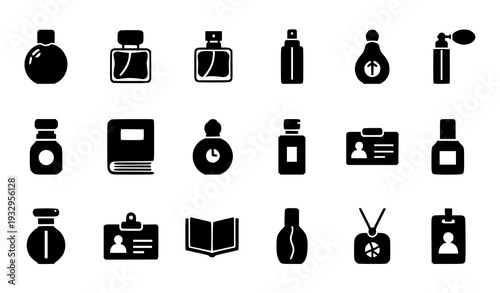 Clean Black Silhouette Perfume, Book and ID Card Icons Vector Set