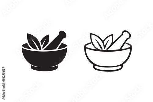 Two black and white illustrations of mortar and pestle with leafy greens