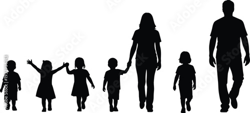 Family silhouette set with father mother and children walking and holding hands for cad drawing flat vector illustration design background,