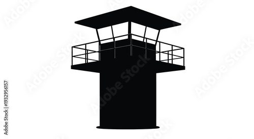 A stark black watchtower stands isolated against a white background presenting a powerful minimalist silhouette high quality professional detailed