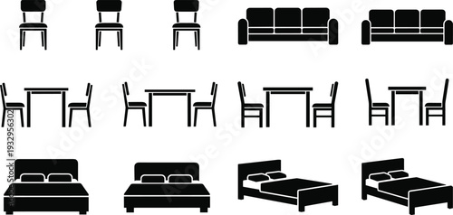 Furniture silhouette set with chairs sofas dining tables and beds for home interior cad drawing flat vector illustration design background,