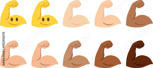 Flexed arm muscle icon set in multiple skin tones with cartoon and flat styles isolated on white background for fitness, strength, and diversity concepts