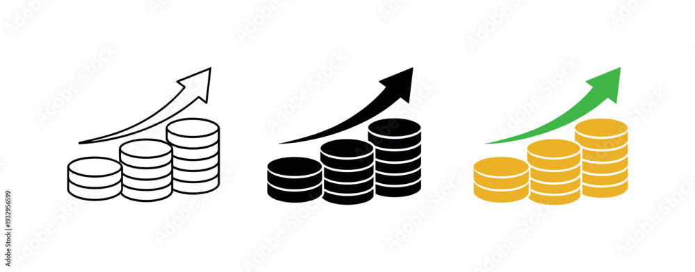 Fototapeta premium Financial expansion concept shown as an upward arrow emerging from stacked coins with clear edges and contours, identical