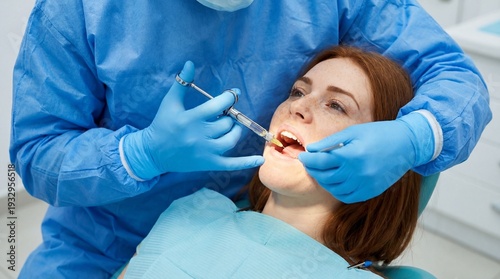 Dentist in blue uniform giving a local anesthesia injection to a female patient in a dental chair, pain free surgery, professional medical treatment.