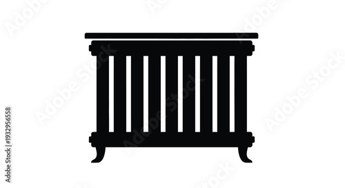 A stark black silhouette of a classic cast iron radiator showcasing its vertical bars and ornate feet silhouette