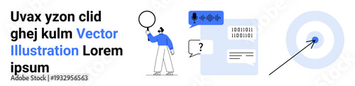 Person with speech bubble exploring concepts of voice input, binary text exchange, and precise targeting. Ideal for communication, AI interfaces, analytics, teamwork, targeting, technology simple