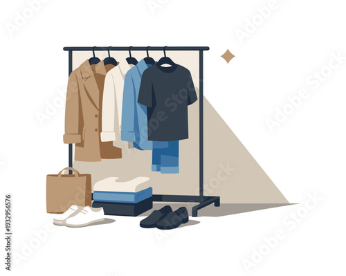 Minimal capsule wardrobe essentials concept with folded garments hanger rail and shoes loosely arranged seen from a slight angle,