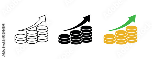 Financial expansion concept shown as an upward arrow emerging from stacked coins with clear edges and contours, identical