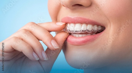 Close up of a smiling woman putting a clear invisible plastic aligner on her white teeth, modern orthodontic treatment, perfect smile concept.