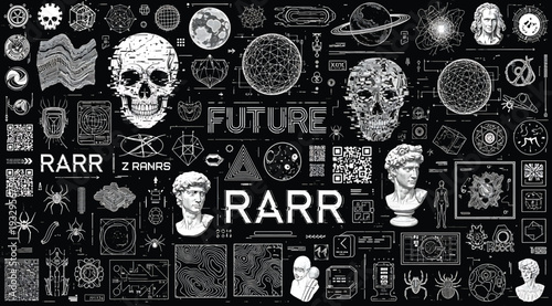 Collage of various futuristic and ancient symbols with skulls and busts on black background with white graphics and text
