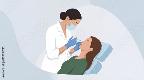 Flat vector illustration of a female doctor in a mask giving a lip filler injection to a patient in a clinic chair, cosmetic aesthetic procedure, beauty treatment.