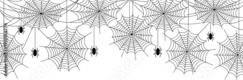 Spider web border with hanging spiders for Halloween decoration spooky party background and cad drawing flat vector illustration design elements,