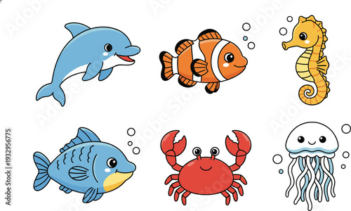Vector illustration of six cartoon sea creatures including dolphin, clownfish, seahorse, crab, jellyfish, and fish for marine life design