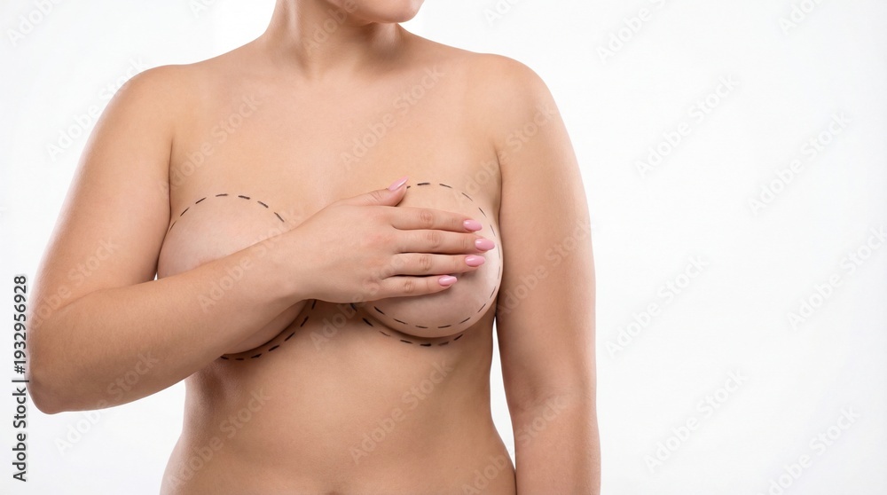 Obraz premium Young woman touching her bare chest marked with black dashed lines for plastic surgery preparation, cosmetic breast augmentation