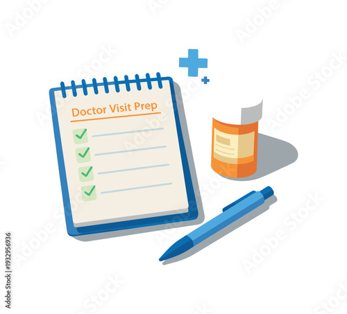 Minimal doctor visit preparation concept with checklist notebook prescription bottle and pen loosely arranged seen from a