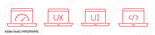 Red Outline Laptop Icons Set: Web Development, UX/UI Design, Speed, and Coding Concepts