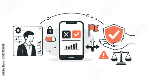 Modern minimal flat vector conceptual collage, crisp hard edges, consistent THIN outline stroke, rounded corners where needed,