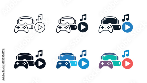 Virtual reality gaming and music icons with play button and controller