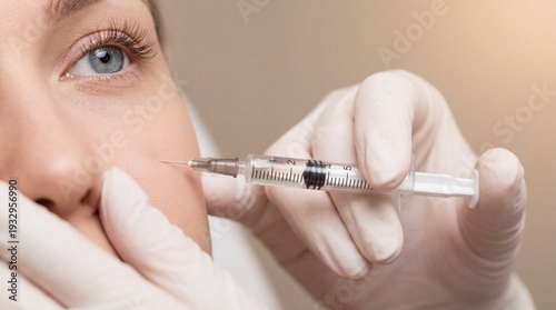 Close up of a woman's face receiving a cosmetic filler injection with a syringe from gloved hands, facial aesthetic treatment, dermatology clinic procedure