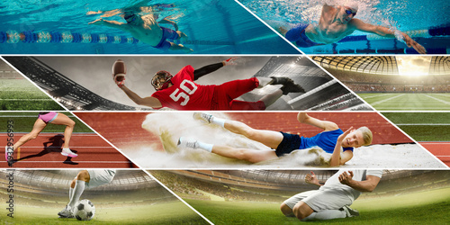 Multi sport action collage with stadium and arena scenes in diagonal layout. Concept of global sports event marketing, fitness industry promotion and championship presentation background.