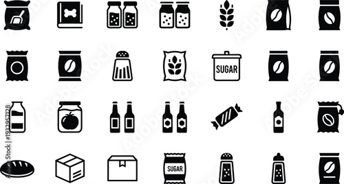 Vector illustration of twenty‑five black and white grocery icons including food packages, bottles, jars, sacks, and containers for design content