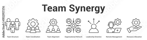 Team Synergy web banner icon set vector illustration concept for business with icon of Team Structure, Team Coordination, Team Alignment, Organizational Network, Leadership Direction, Remote Manageme.
