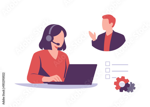 Support agent with headset at a laptop helping a caller about hr hiring interview, portrait bubble nearby, small gear and