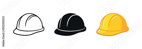 Workshop environment context showing a protective industrial hard hat with smooth dome and short brim, identical forms arranged