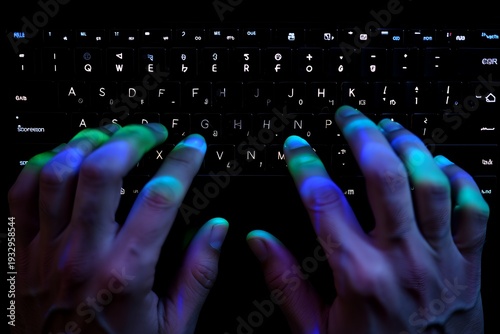 A person's hands are typing on a keyboard with blue and green backlighting in a dark environment