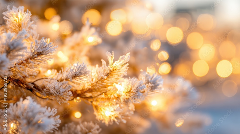 Obraz premium Holiday lights shine on frosty branches during winter season
