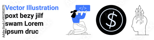 Technology, finance, coding, decision-making, digital economy, creativity. Woman coding, dollar sign stylized human head with arrows. Technology and finance for a digital economy concept