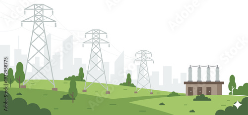 Electrical power transmission towers, energy substation, city skyline, green landscape, renewable electricity infrastructure, urban distribution system illustration