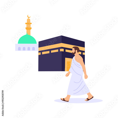Walking in Haram, Pilgrim walking inside Masjid al Haram, Flat vector character illustration