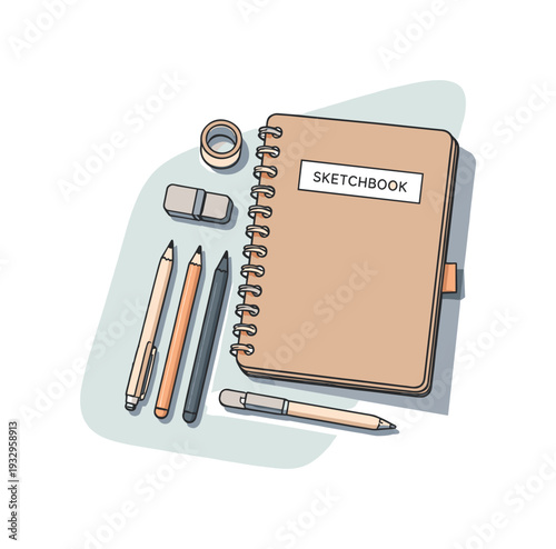 Refined contemporary artist sketching essentials with essential sketchbook and drawing tools subtly offset and aligned seen from