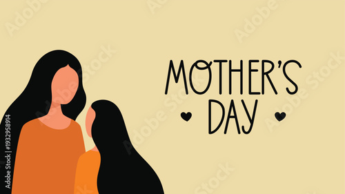 Minimalist Mother's Day greeting design featuring illustration of mother and daughter with black hair look at each other with love.