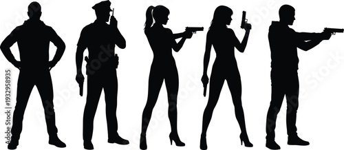 Silhouette figures with guns, police officer, women action poses, law enforcement, espionage, dramatic action scene, handgun aiming, security concept