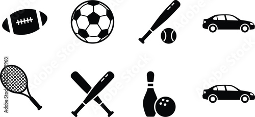 Sports equipment silhouette icons, vector illustration, football soccer baseball tennis bowling, black outline design, car silhouette, recreation, lifestyle resource