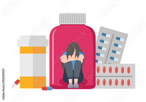 Drug addict concept illustration. Addicted people trapped inside pill bottles, drug dependent person suffering. Society addiction problem narcotic substance systematic abuse flat vector character