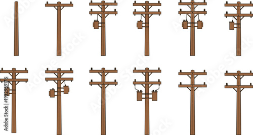 Utility poles illustration set, electrical distribution infrastructure, wooden power line structures, energy system components, insulators transformers vector design art